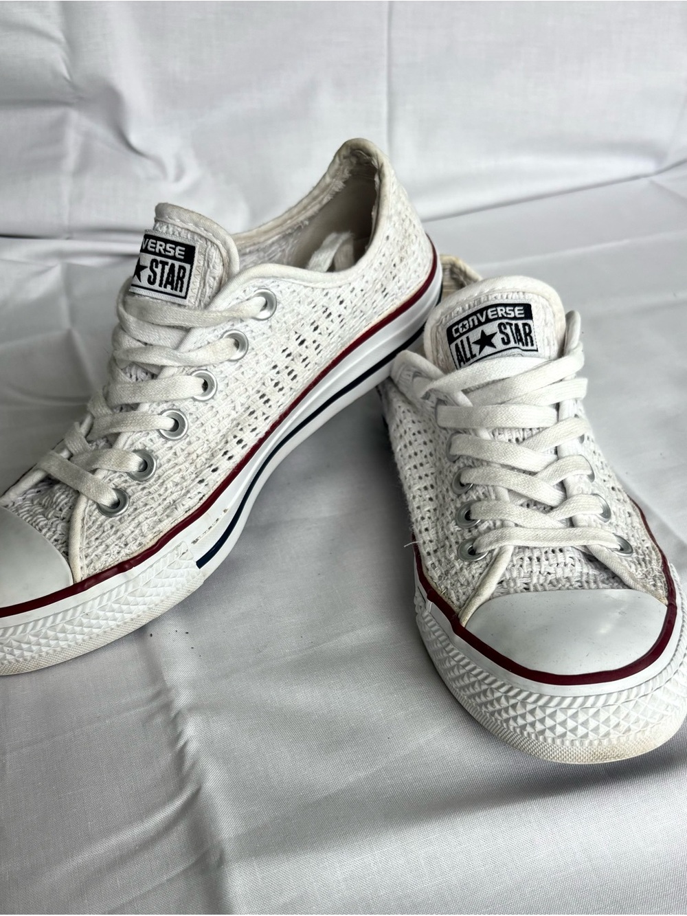 Converse All Star White Crochet Low Top Sneakers with Red Stripe